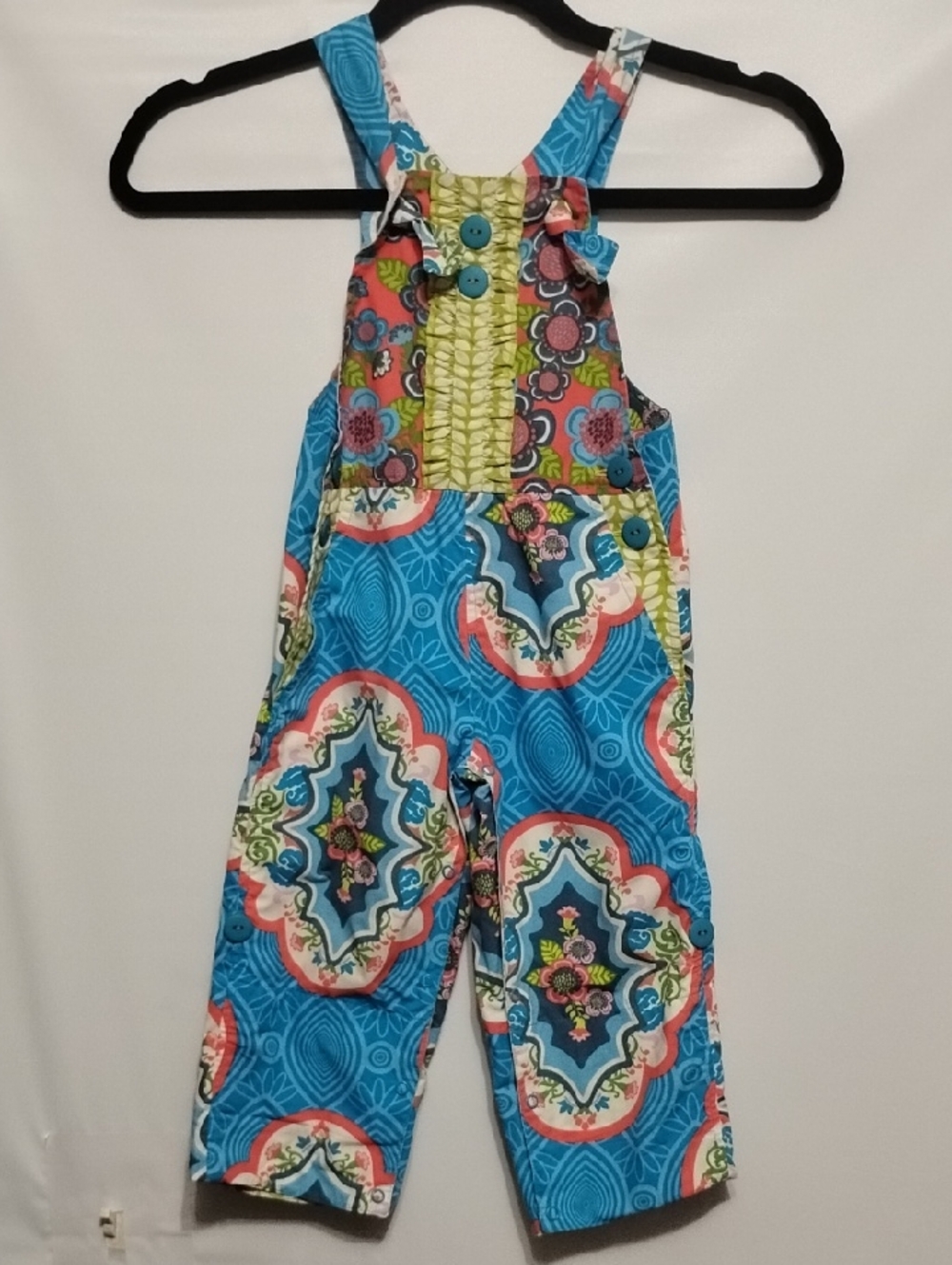 Eleanor Rose Blue Multi-Print Cotton Overalls with Green Accents